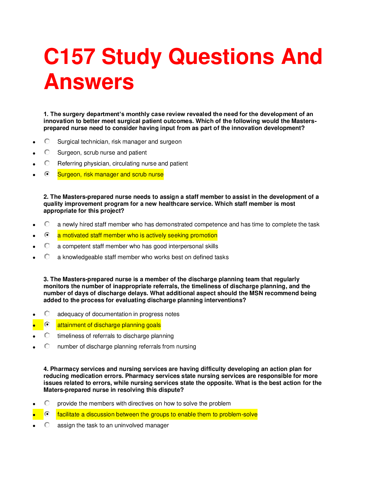 C157 Study Questions And Answers Latest 2020 Version